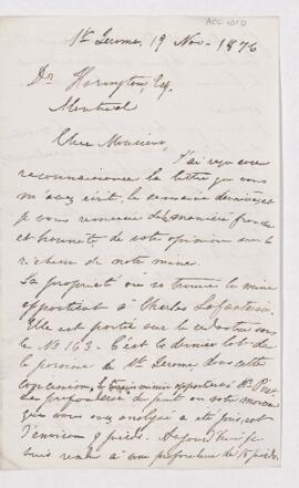 Letter from A. Labelle to B.J. Harrington concerning a supposed mine near St. Jerome.