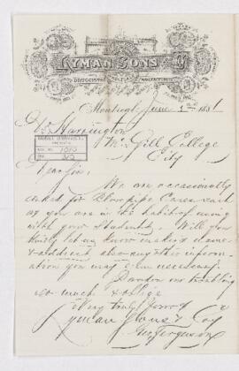Letter from Geo. Ferguson to B.J. Harrington, written from Montreal.