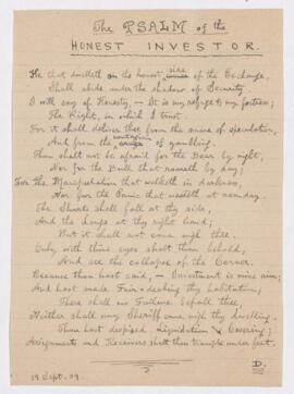Psalm of the Honest Investor, 19 September 1909