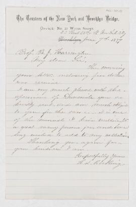 Letter from H.A. Roebling to B.J. Harrington.
