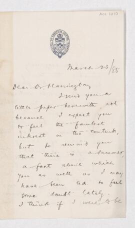Letter from R. Ramsay Wright to B.J. Harrington, written from Toronto.
