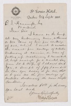 Letter from Willis Russell to B.J. Harrington, written from Quebec.
