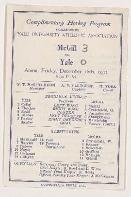 Hockey programme, McGill vs. Yale, 1932