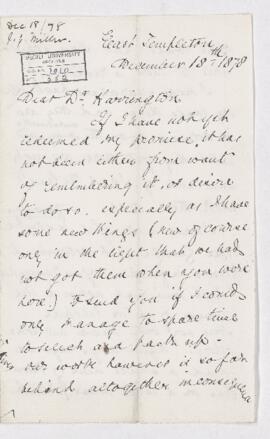 Letter from John G. Miller to B.J. Harrington, written from East Templeton.