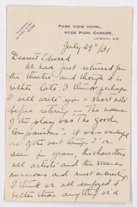 Letter, 29 July 1931