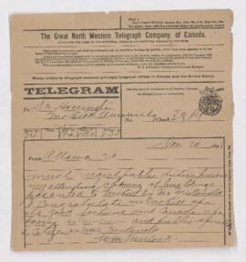 Telegram from Wm. Mulock to B.J. Harrington, written from Ottawa.
