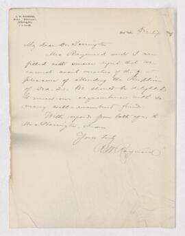 Letter from R.W Raymond to B.J. Harrington, written from New York.