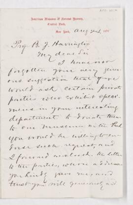 Letter from A.S. Bickmore to B.J. Harrington.
