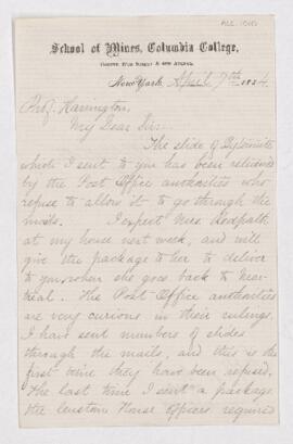 Letter from Thos. Egleston to B.J. Harrington, written from New York.
