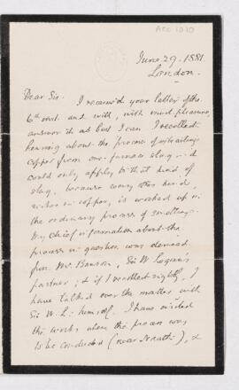 Letter from John Perry to B.J. Harrington, written from London.
