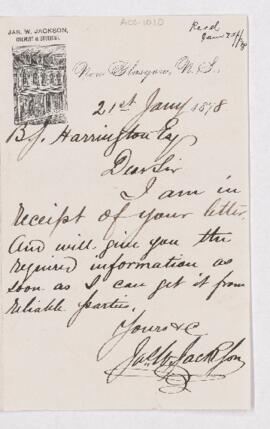 Letter from Jas.W. Jackson to B.J. Harrington, written from New glasglow.