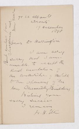 Letter from W.H. Ellis to B.J. Harrington, written from Toronto.