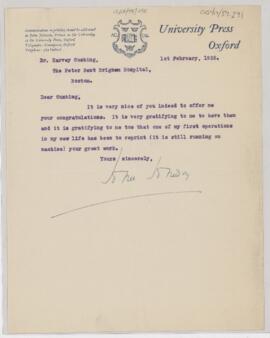Letter to Harvey Cushing, February 1, 1926