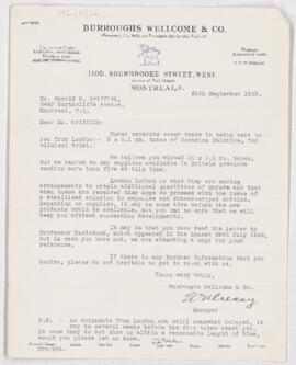 Letter from Mr. W. Creasy(?), Burroughs Wellcome & Co. to Dr. Griffith