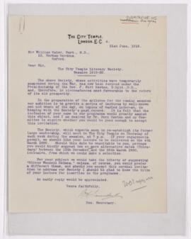 Letter to William Osler, June 21, 1919