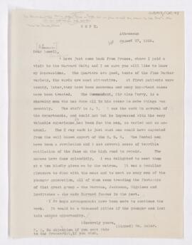 Letter to A. Lawrence Lowell, September 17, 1915