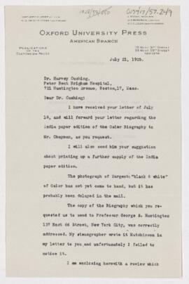Letter to Harvey Cushing, July 21, 1925
