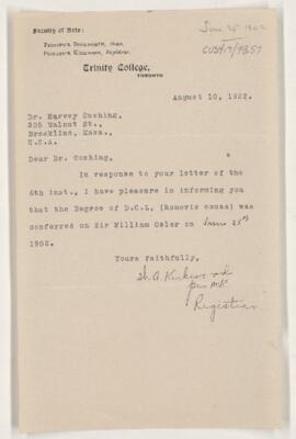 Letter to Harvey Cushing, August 10, 1922