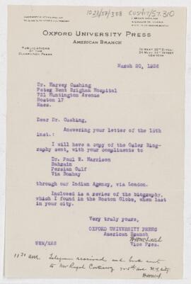 Letter to Harvey Cushing, March 20, 1926