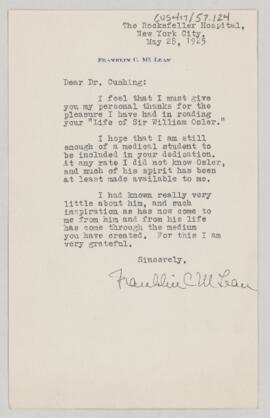Letter to Harvey Cushing, May 28, 1925