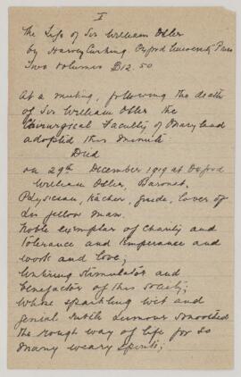 Handwritten book review of the Harvey Cushings’ The Life of Sir William Osler