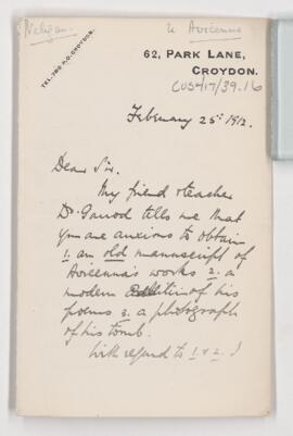 Letter to William Osler