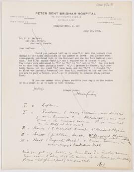Letter to Henri Amédée Lafleur, July 10, 1922