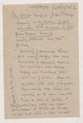 Cushing's notes, John Billing lecture, 1878