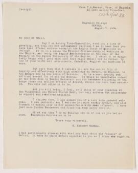 Letter to William Osler, August 7, 1904