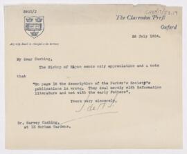 Letter to Harvey Cushing, July 26, 1924