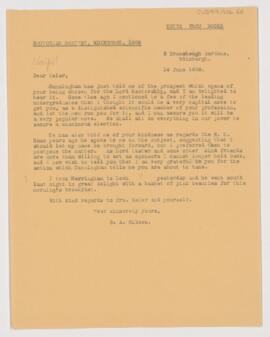 Letter to William Osler, June 14, 1908
