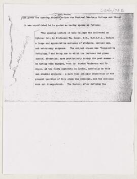 Account of Osler's opening lecture at the Montreal Veterinary College, October 1, 1877