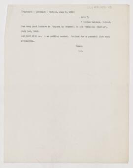 Letter from William Osler, July 7, 1905
