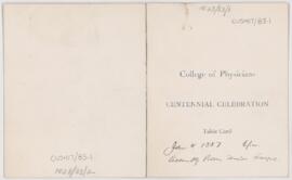 College of Physicians Centennial Celebration table card, January 4, 1887