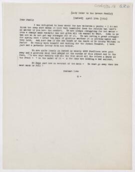Letter to Revere Family, April 12, 1916