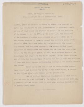 Memo in reply to letter of Mrs. H.P. Wright of date November 2, 1920, November 2, 1920