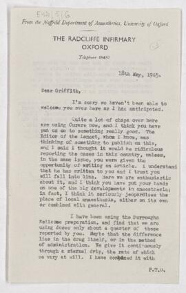 Letter from Dr. R.R. Macintosh, Department of Anaesthetics, University of Oxford to Dr. H.R. Grif...