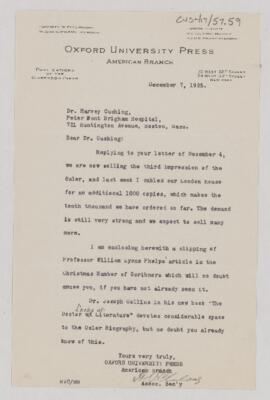 Letter to Harvey Cushing, December 7, 1925