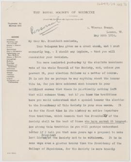 Letter to William Osler, May 20, 1914