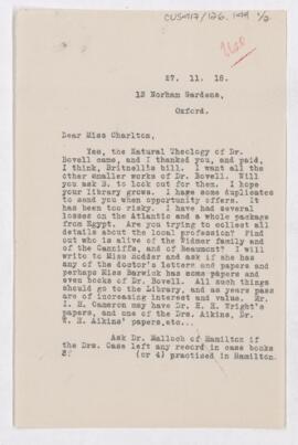 Letter to Margaret E. Charlton, November 27, 1918