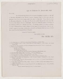 Letter from William Osler, March 18, 1878
