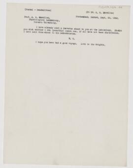 Letter to Archibald Byron Macallum, September 26, 1908