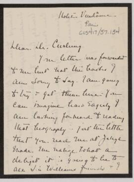 Letter to Harvey Cushing, May 3, 1925(?)