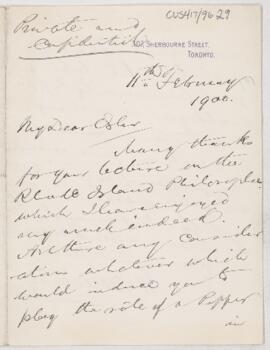 Letter to William Osler, February 11, 1900