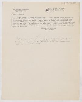 Letter to Charles Joseph Singer, June 21, 1912