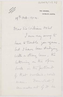 Letter to William Osler, October 19, 1914