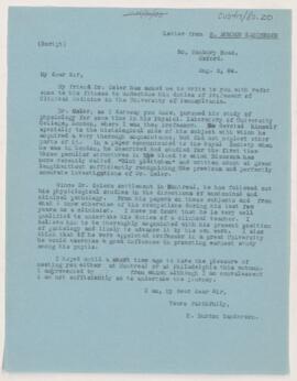 Letter from Sir John Burdon Sanderson, August 2, 1884