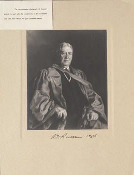 Reproduction of portrait painting of R. F. Ruttan, half-length, seated to right, wearing academic...