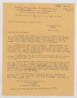Letter to William Osler, May 3, 1912
