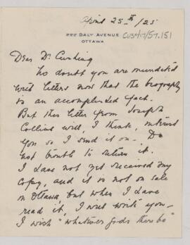 Letter to Harvey Cushing, April 25, 1925